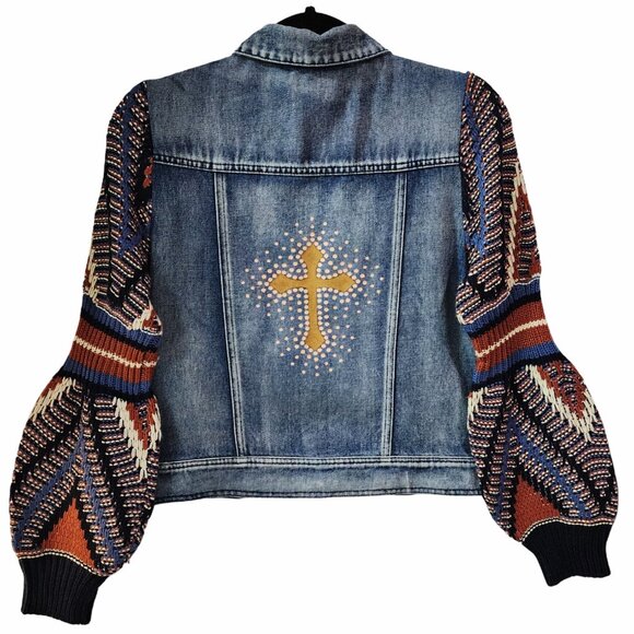 Christian Cross Custom Upcycled Knit Balloon Sleeve Jean Jacket, Women's S - Picture 1 of 4
